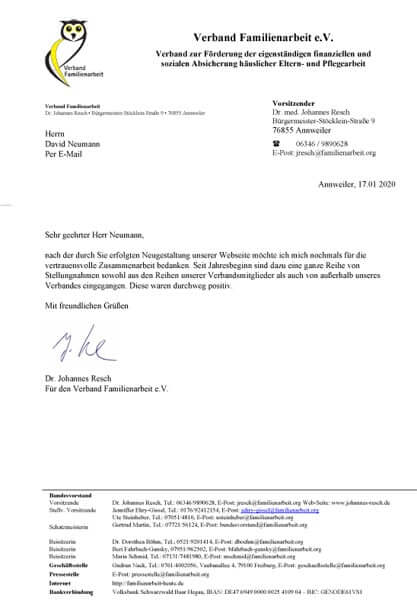Schreiben des Bundesvorsitzenden Dr. Resch über die Resonanz auf das gemeinsame Projekt 