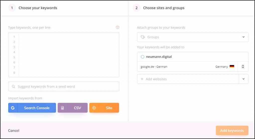 Wincher SEO Tool: Keywords hinzufügen