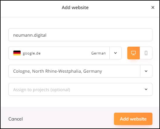 Wincerh SEO Tool: Website hinzufügen