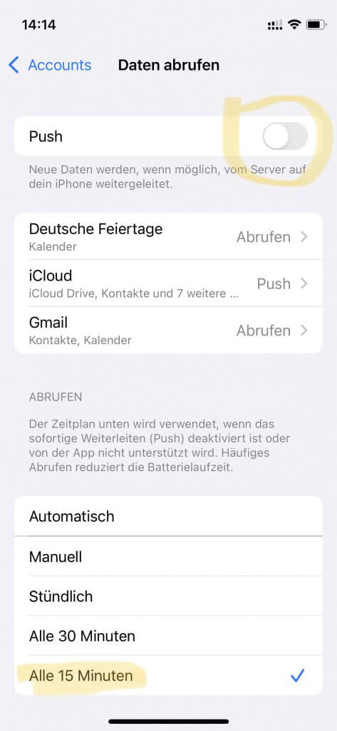 iOS 15 Einstellungen: Push-Abfrage für Mail ausschalten