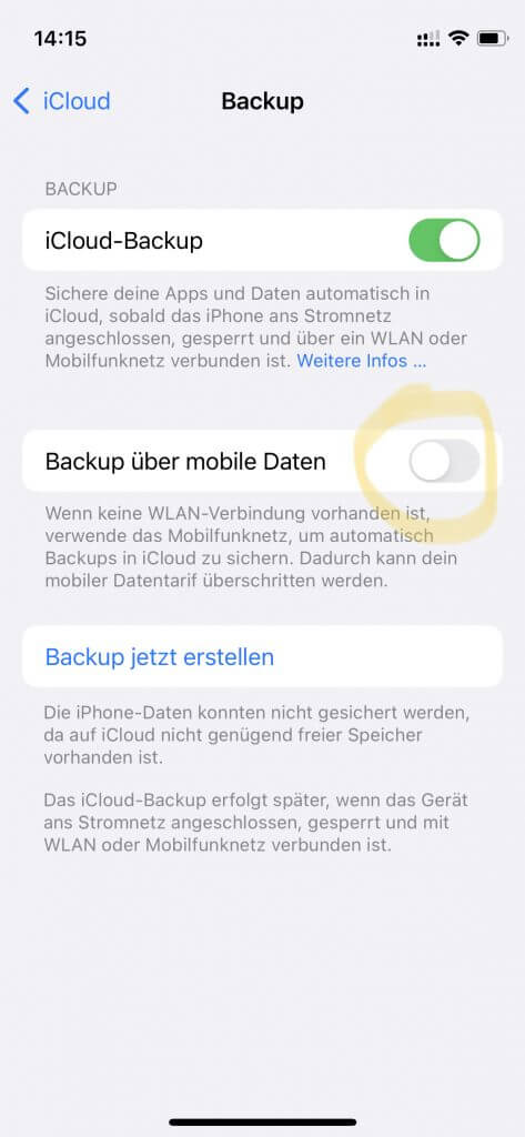 iOS 15 Einstellungen: iCloud Backup über mobile Daten ausschalten