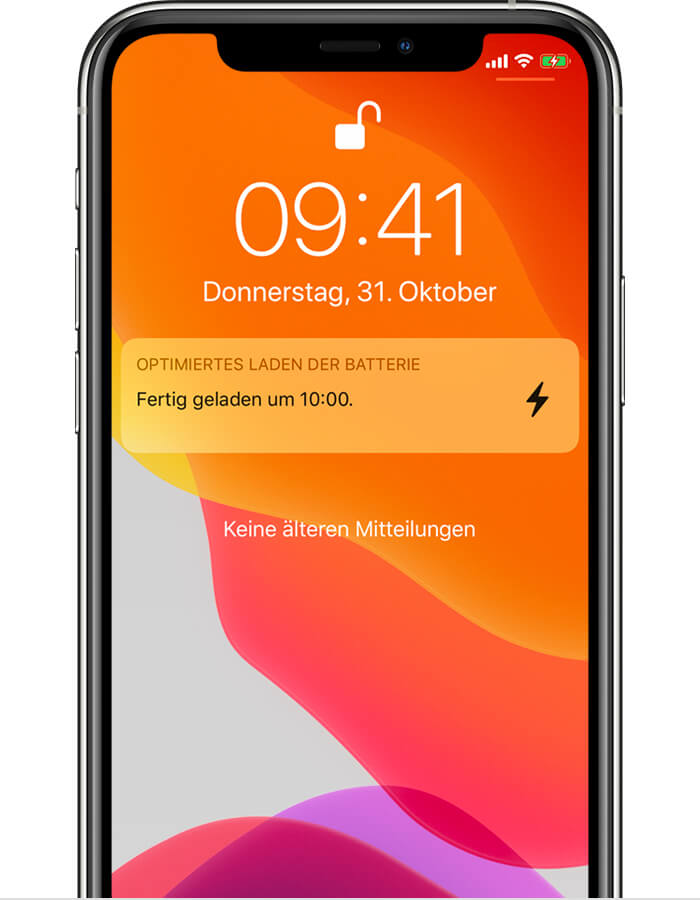 Hinweis auf das optimierte Laden im Sperrbildschirm des iPhones