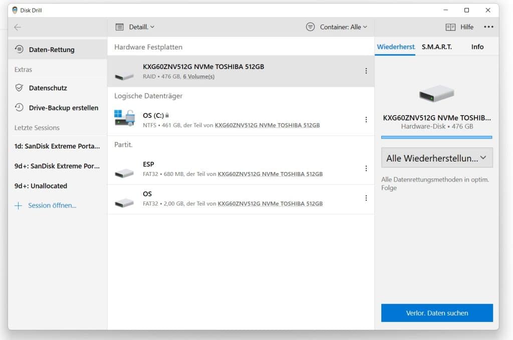 Die Oberfläche des Programms Disk Drill