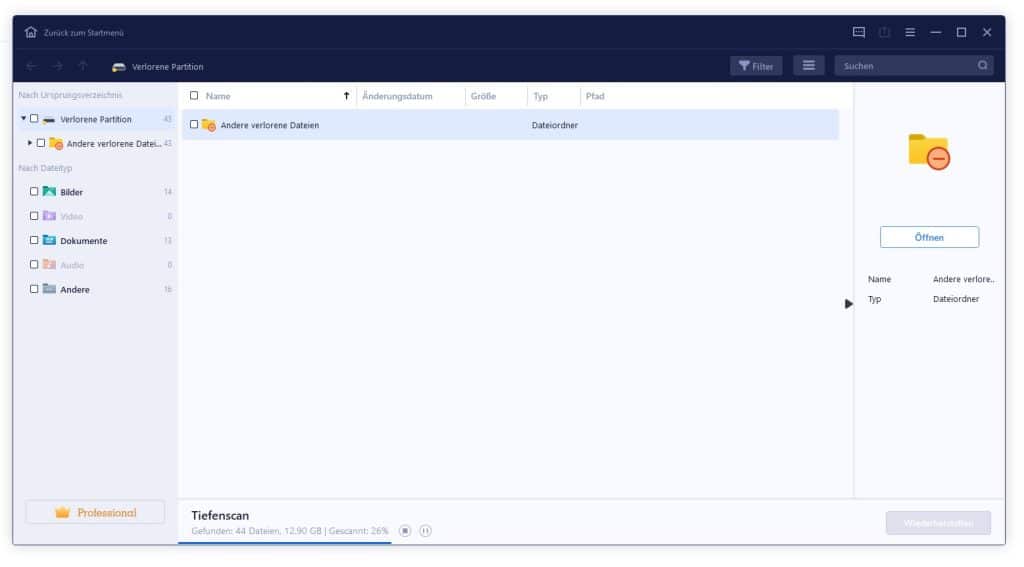Tiefenscan des Programms EaseUS bei der Arbeit