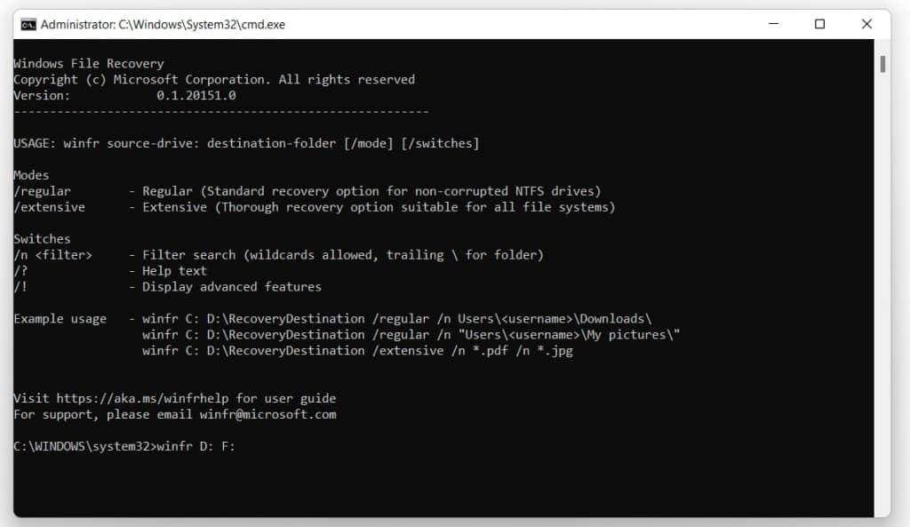 Windows File Recovery in der Eingabeaufforderung