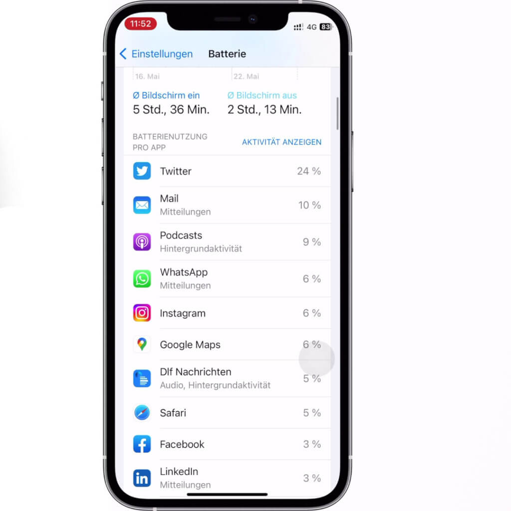 Hohe Batterienutzung von Apps kann ein Hinweis darauf sein, dass dein iPhone überwacht wird