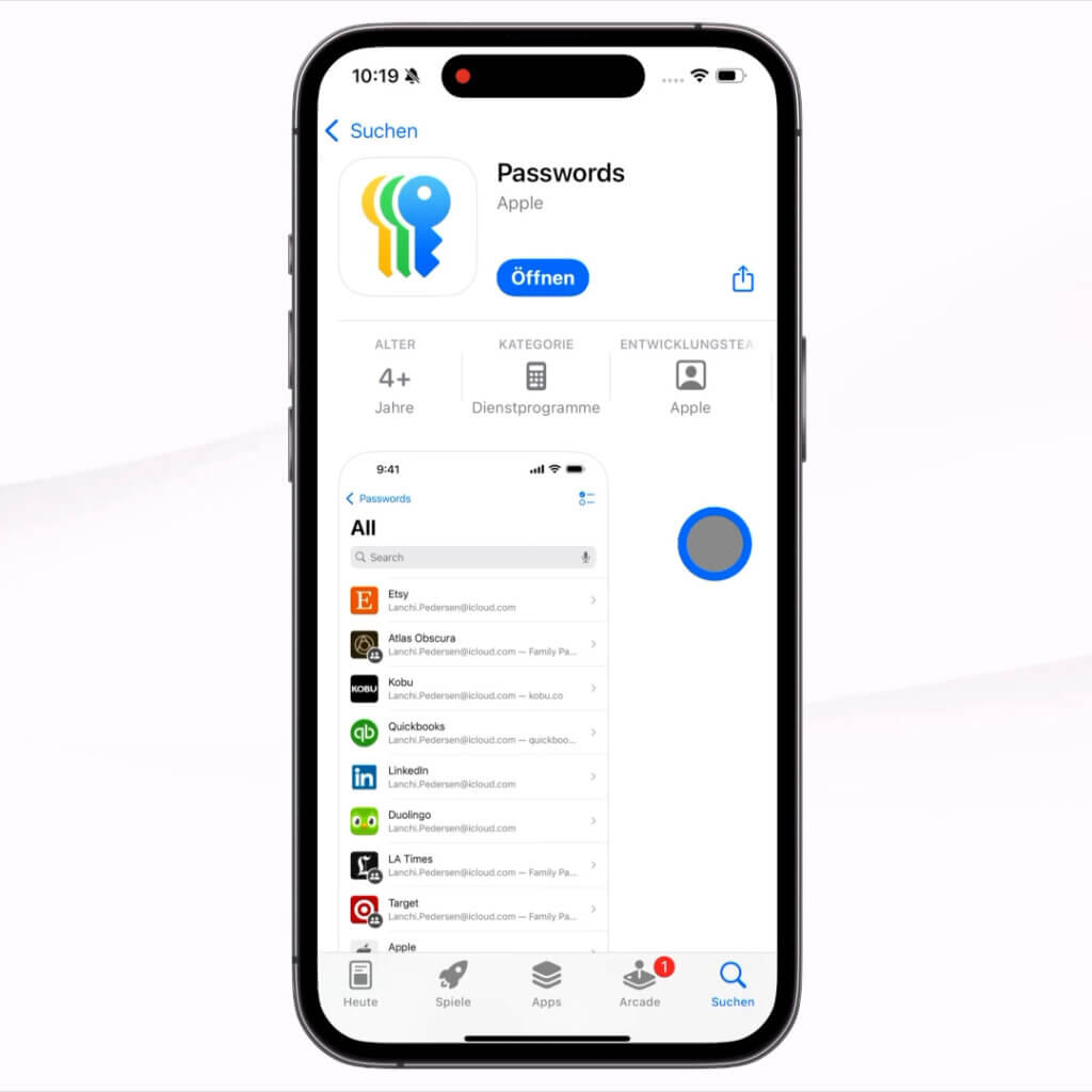 Übersicht der gespeicherten Konten in der Passwörter-App