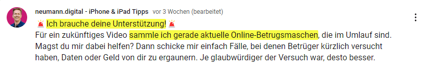 Aufruf im YouTube-Community-Bereich, eigene Betrugsnachrichten einzusenden