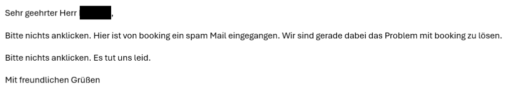 Gefälschte Antwort eines Hotels über ein Buchungsportal