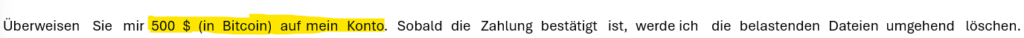 Forderung nach Lösegeld in einer Erpressungsmail