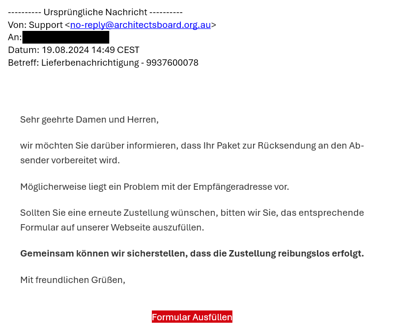 Gefälschte Zustellseite, die nach Zahlungsdaten fragt