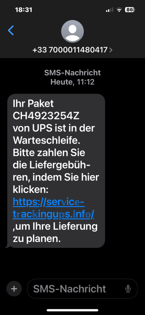 Weitere gefälschte Nachricht eines angeblichen Zustelldienstes