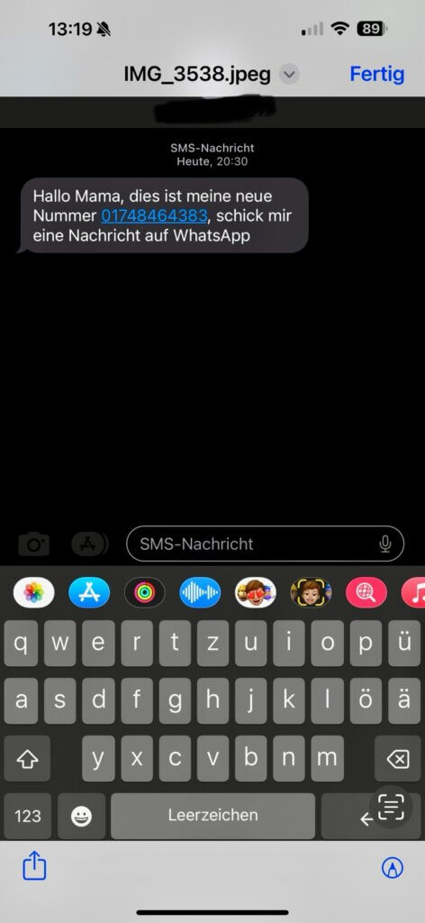 Bildschirmfoto einer Betrugsnachricht nach der Masche mit der neuen Nummer