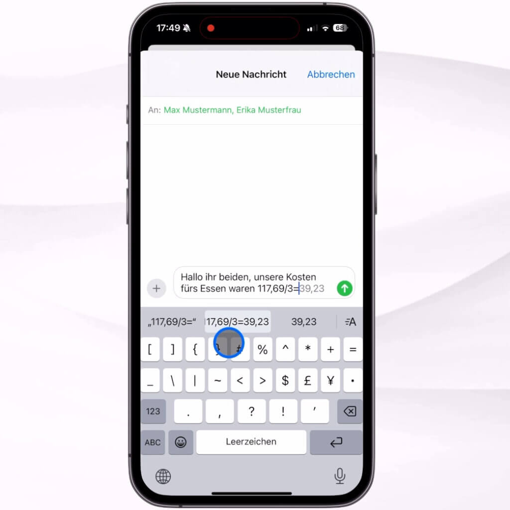 Rechnen direkt in der Nachrichten-App, zweiter Schritt