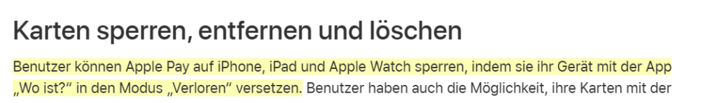Apple-Support-Seite zum Sperren von Apple Pay bei Verlust
